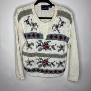 Knitted By Hand Vintage Henley Chunky Sweater Cottage Core Sz Small